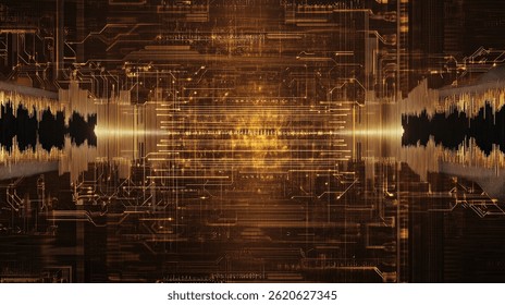 Abstract digital background showcasing intricate golden circuitry and soundwave patterns