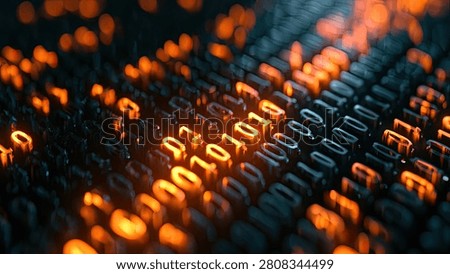 Abstract digital binary code with glowing orange numbers on a dark background, representing technology and data.