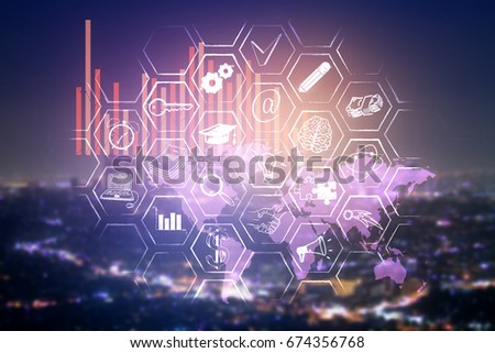 Abstract digital business panel on blurry night city background. Inovation concept. Double exposure 