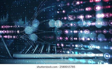 Abstract digital data and cyber connections overlaying a laptop keyboard on a blurry background, representing futuristic technology concepts