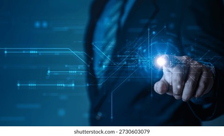 Abstract digital data stream with AI light interface controlled by human hand. Represents information flow, big data processing, artificial intelligence, database transfer, futuristic technology.