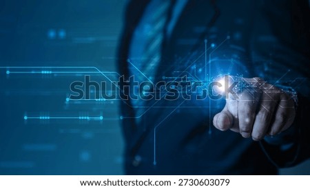 Abstract digital data stream with AI light interface controlled by human hand. Represents information flow, big data processing, artificial intelligence, database transfer, futuristic technology.