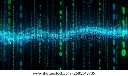 Abstract digital data stream with green binary code and blue glowing particles against a dark background