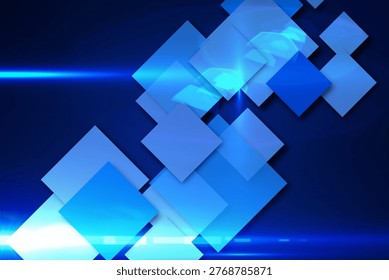 Abstract digital design is displaying translucent blue squares diagonally with glowing cyan beams. Geometric, futuristic, sleek, modern, technology, digital art, vibrant - Powered by Shutterstock - Get 15% off with code: PIKWIZARD15