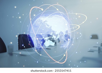 Abstract digital globe overlayed with light trails and particle effects, placed over an office setup, concept of global communication - Powered by Shutterstock