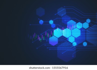 Abstract digital hexagons background with stock chart. Technology and science concept. 3D Rendering