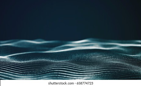 Abstract Digital Landscape With Flowing Particles. Cyber Or Technology Background