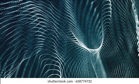 Abstract Digital Landscape With Flowing Particles. Cyber Or Technology Background