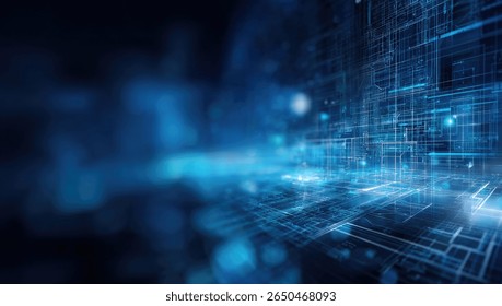 An abstract digital landscape of glowing blue lines and circuits, creating a futuristic and technological atmosphere.  The perspective suggests depth and com...