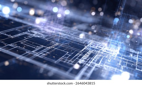 An abstract digital landscape of glowing lines and nodes resembles a circuit board or architectural blueprint, suggesting technological innovation or complex...