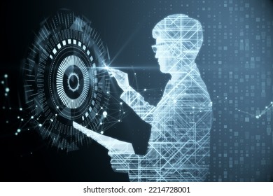 Abstract digital man silholuette with hud screen or button on blurry polygonal background with various details. Artificial intelligence, machine learning and digital transformation concept. 