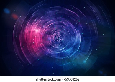Abstract digital round button on space backdrop. Technology and innovation concept. Double exposure  