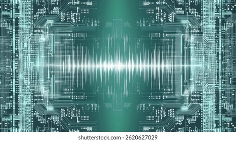 Abstract digital soundwave visualization on a circuit board background with green tones
