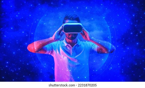 abstract digital technology concept background of man wearing 3d goggle headset overlay with digital abstract symbol in concept of cyberspace and metaverse with virtual reality world - Powered by Shutterstock