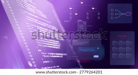 Abstract digital workspace dashboard. Floating UI UX elements showing cloud data storage, artificial intelligence indexing, and software architecture over blurred code.