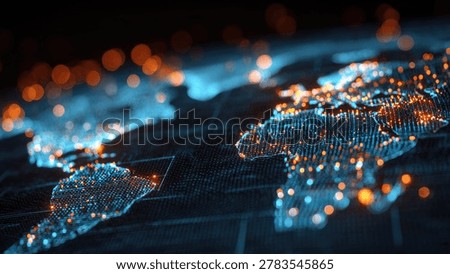 Abstract digital world map with glowing lights representing global network connections and data flow.
