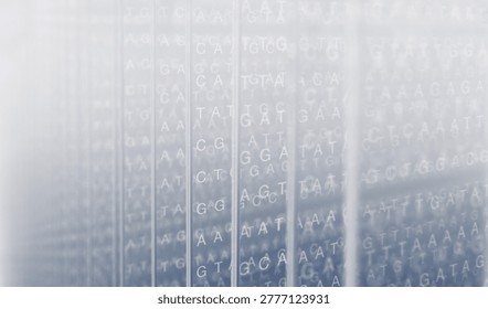 Abstract DNA genetic code sequence on misty defocused background. Perfect for biotechnology, genomics, genetic research, personalized medicine, genomic data, bioinformatics and pharmaceutical concepts