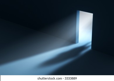 Abstract doorway with visible light beam and people shadow. This is a 3D rendered picture. - Shutterstock ID 3333889