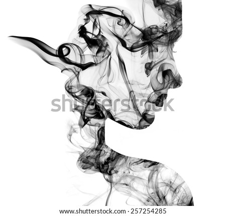 Abstract double exposure portrait of young woman face and cigarette smoke. Woman face silhouette from smoke. Smoke face on white background. Double exposure woman face and smoke 