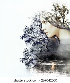 Abstract Double Exposure Of Woman And Beauty Of Nature At The Sunset On The River, Abstract Concept