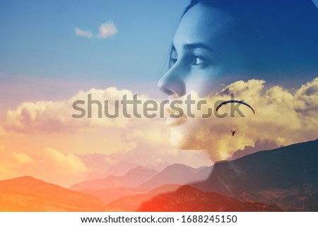 Abstract double multiply exposure head portrait of a hipster woman head face silhouette portrait outdoors on nature Parachute skydive psychology mindset power of mind, intuition mental therapy concept