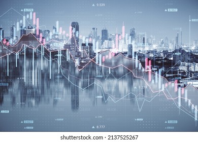 Abstract Downward Forex Chart On Blurry Night City Wallpaper. Crisis And Collapse Concept. Double Exposure