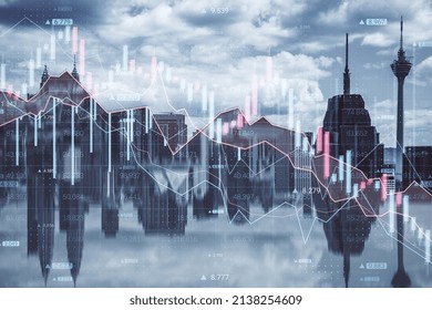 Abstract Downward Forex Chart On Blurry Night City Background. Crisis And Collapse Concept. Double Exposure