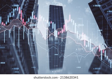 Abstract Downward Forex Chart On Blurry Night City Backdrop. Crisis And Collapse Concept. Double Exposure