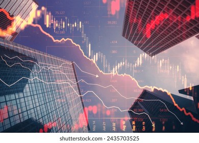 Abstract downward red forex chart on blurry city texture. Crisis, recession and economic fall concept. Double exposure - Powered by Shutterstock