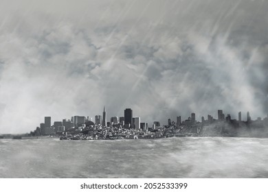 Abstract Dull City Background With Gray Clouds And Mock Up Place. View And Architecture Concept