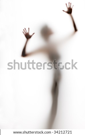 abstract, elongated, semi-obscured figure with arms raised