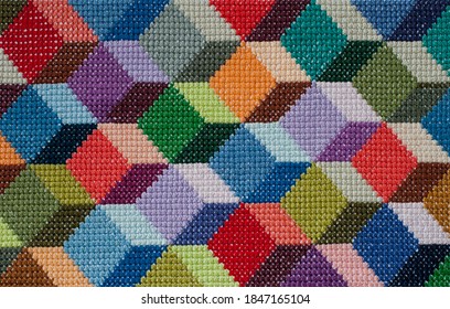Abstract Embroidered Geometric Pattern 3D Modern Cross Stitch. Can be used for web design, art print, textured fonts, digital paper  etc.