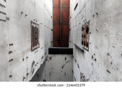 Abstract Empty Grungy Concrete Interior. Walls Of Abandoned Unfinished Nuclear Power Plant At The Cape Kazantyp, Crimea