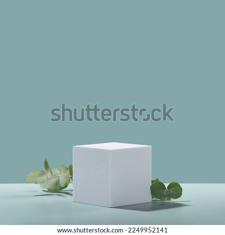 Abstract empty white podium cube with eucalyptus leaves and shadows on blue background. Mock up stand for product presentation. 3D Render. Minimal concept. Advertising template