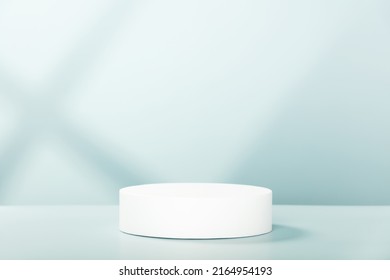 Abstract empty white podium with geometric shadows on blue background. Mock up stand for product presentation. 3D Render. Minimal concept. Advertising template - Shutterstock ID 2164954193