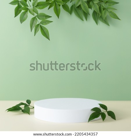 Abstract empty white podium with green leaves on green background. Mock up stand for product presentation. 3D Render. Minimal concept. Advertising template