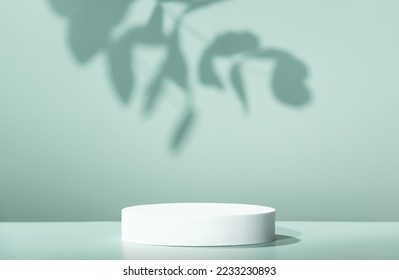 Abstract empty white podium with leaves shadows on blue background. Mock up stand for product presentation. 3D Render. Minimal concept. Advertising template