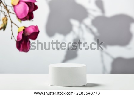 Abstract empty white podium with magnolia flowers on whitebackground. Mock up stand for product presentation. 3D Render. Minimal concept. Advertising template