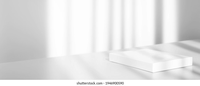 Abstract empty white podium on white background with shadow. Mock up stand for product presentation. 3D Render. Minimal concept. Display product. Banner - Shutterstock ID 1946900590