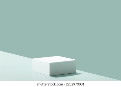 Abstract empty white podium on blue background. Mock up stand for product presentation. 3D Render. Minimal concept. Advertising template