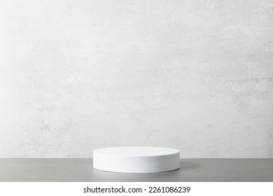 Abstract empty white podium on grey background. Mock up stand for product presentation. 3D Render. Minimal concept. Advertising template