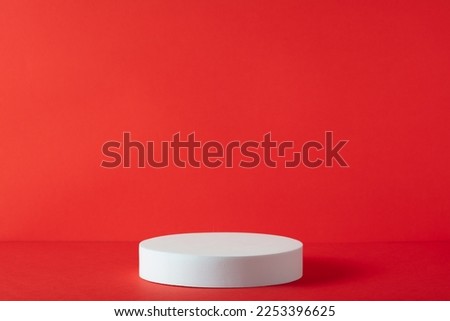 Abstract empty white podium on red background. Mock up stand for product presentation. 3D Render. Minimal concept. Advertising template. St Valentines sale