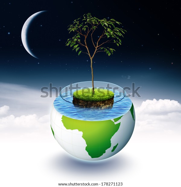 Abstract environmental backgrounds with Earth island\
and tree