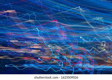 Abstract Experimental Surreal Photo , Long Exposure, City And Vehicle Lights.Quantum Physics.Texture For Background.Wave Motion Of Light
