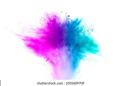 Abstract Explosion Of Blue Purple Dust On White Background.Abstract Blue Purple Powder Splatter On White  Background. Freeze Motion Of Blue Purple Powder Splash.