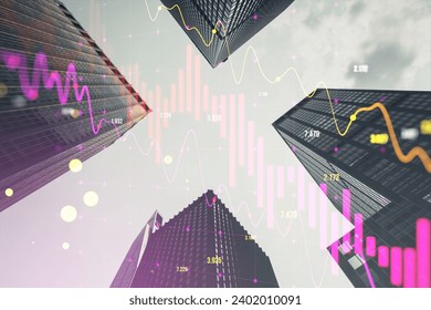 Abstract falling candlestick forex chart and index on blurry city background. Crisis and finance concept. Double exposure