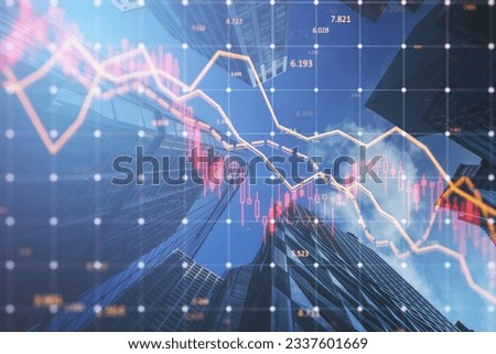 Abstract falling forex chart with index on blurry city backdrop. Crisis and declining trade concept. Double exposure