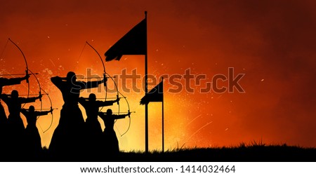 Abstract fantasy silhouette design art of group of ancient warriors firing arrows with bows at the battlefield with fire blast battle in the background