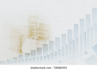 Abstract financial chart with graph and stack of coins in Double exposure style background
