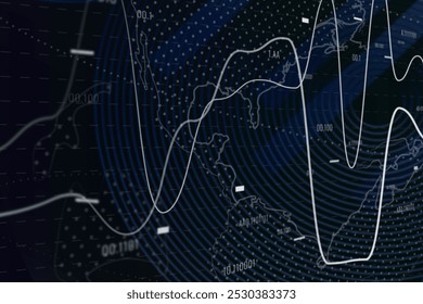 Abstract financial graph overlay on a world map. Lines and dots represent data trends. Global finance and data visualization theme. World map and financial graph. World digital economy - Powered by Shutterstock